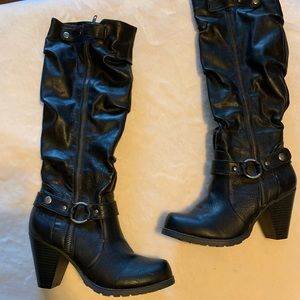 Black leather heel boots